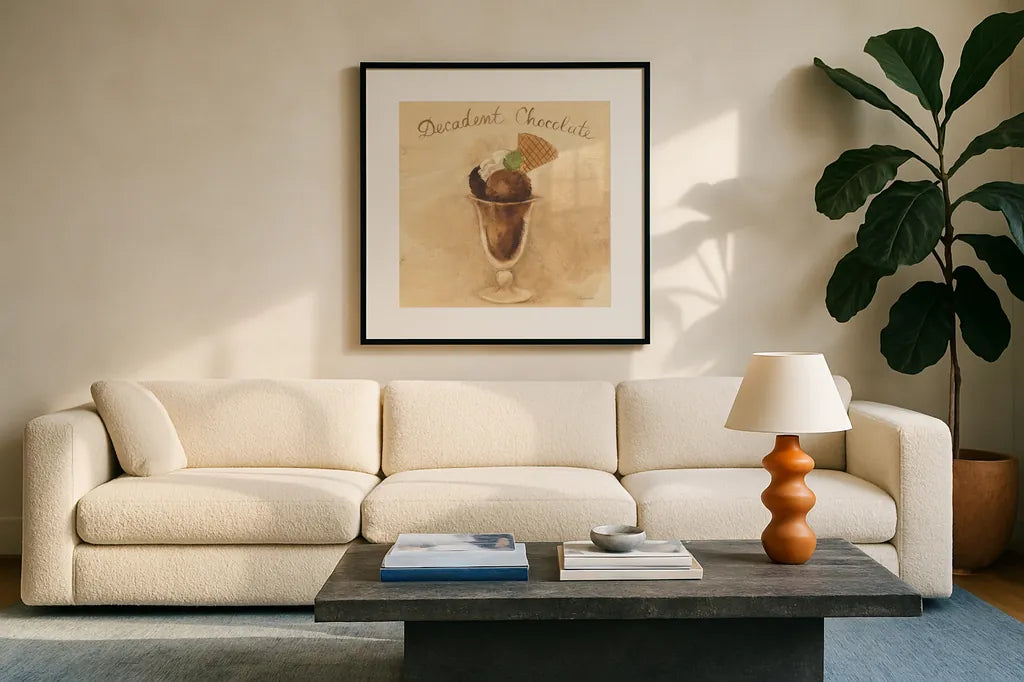 Decadent Chocolate Sundae by Albena Hristova. Displayed in a glass frame with matte in a clean modern living room. Available as an archival giclee rolled canvas, fine art paper, or poster print. SKU 54502a.