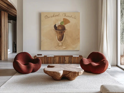 Decadent Chocolate Sundae by Albena Hristova. Shown as extra-large giant wall art in a modern living room. Available as an archival giclee rolled canvas, fine art paper, or poster print. SKU 54502a.