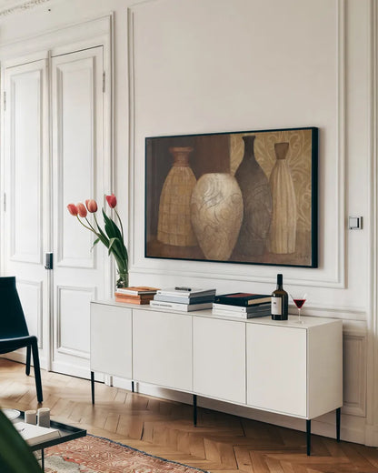 Decorative Vessels by Albena Hristova. shown as a framed stretched canvas in a living room above a console. Available as a archival giclee rolled canvas, fine art paper, or poster print. SKU 53851i.