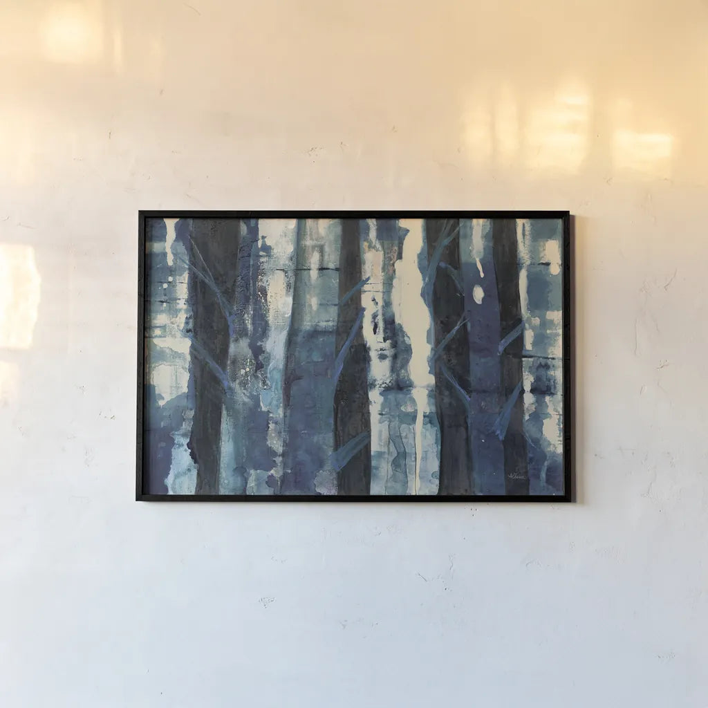 Deep Woods III Indigo by Albena Hristova. shown as a paper print in a black flame. Available as a archival giclee rolled canvas, fine art paper, or poster print. SKU 36319i.