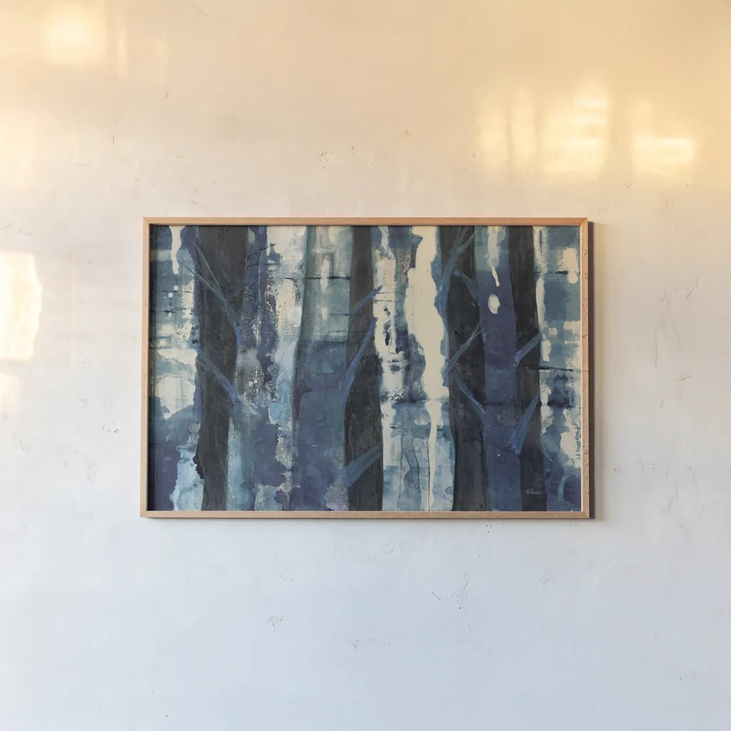 Deep Woods III Indigo by Albena Hristova. shown as a paper print in a natural frame. Available as a archival giclee rolled canvas, fine art paper, or poster print. SKU 36319i.