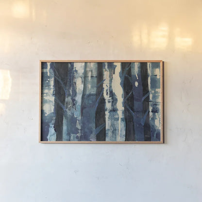 Deep Woods III Indigo by Albena Hristova. shown as a paper print in a natural frame. Available as a archival giclee rolled canvas, fine art paper, or poster print. SKU 36319i.