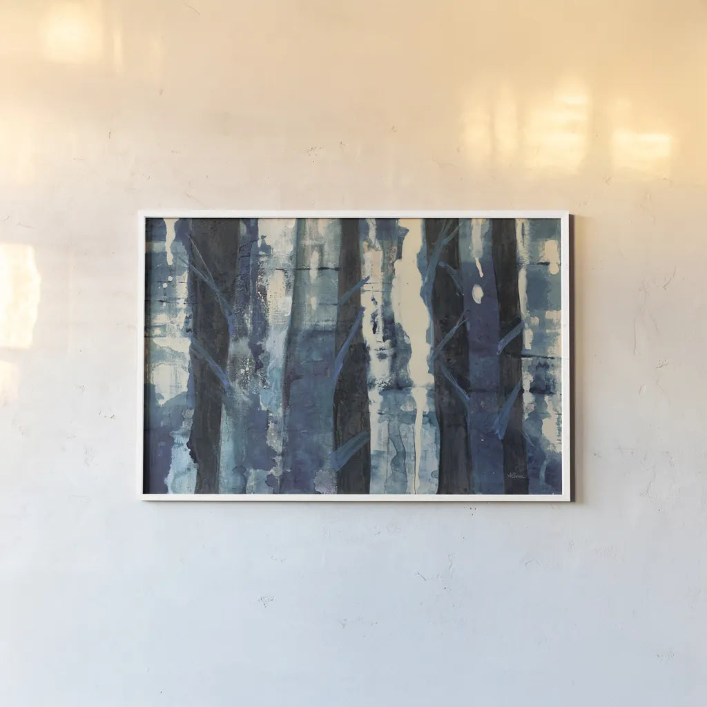 Deep Woods III Indigo by Albena Hristova. shown as a paper print in a white frame. Available as a archival giclee rolled canvas, fine art paper, or poster print. SKU 36319i.