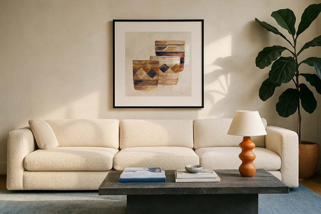 Desert Still Life III Navy by Albena Hristova. Displayed in a glass frame with matte in a clean modern living room. Available as an archival giclee rolled canvas, fine art paper, or poster print. SKU 66949a.