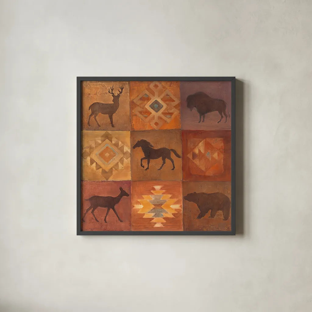 Desert Sunset Animals I by Albena Hristova. Shown in a sleek black glass frame for a contemporary gallery look. Available as an archival giclee rolled canvas, fine art paper, or poster print. SKU 55400a.