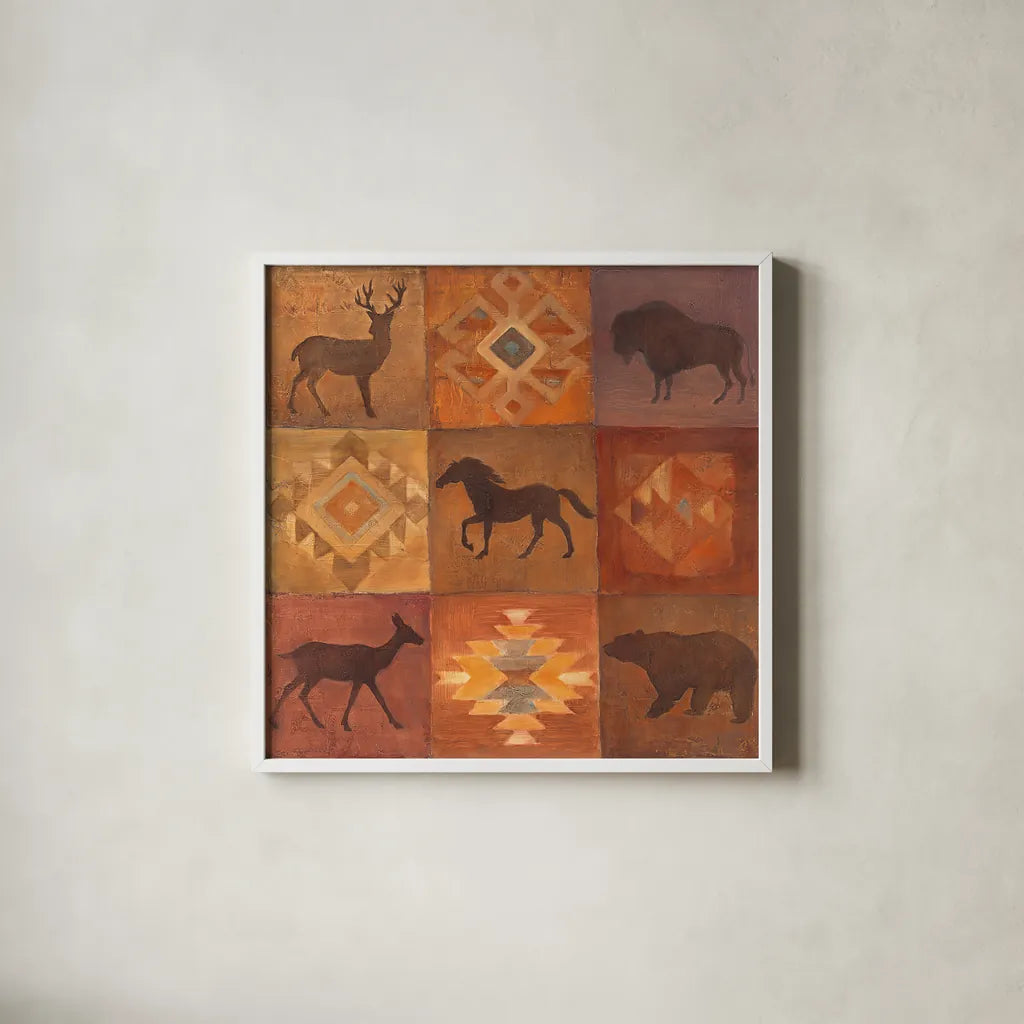 Desert Sunset Animals I by Albena Hristova. Shown in a crisp white glass frame for a clean and minimalist style. Available as an archival giclee rolled canvas, fine art paper, or poster print. SKU 55400a.