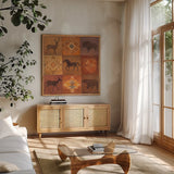 Desert Sunset Animals I by Albena Hristova. Shown in a natural wood frame in a cozy modern living room. Available as an archival giclee rolled canvas, fine art paper, or poster print. SKU 55400a.