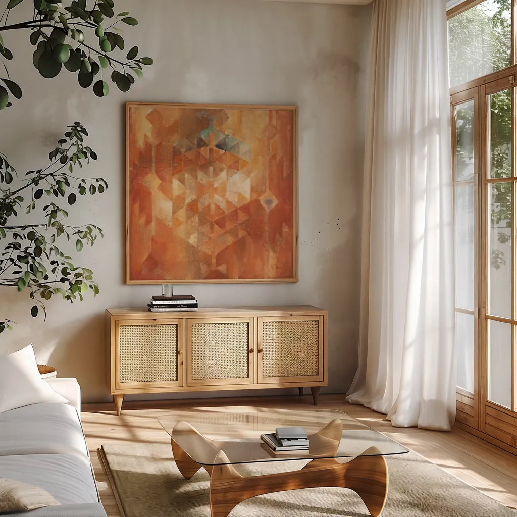 Desert Sunset I by Albena Hristova. Shown in a natural wood frame in a cozy modern living room. Available as an archival giclee rolled canvas, fine art paper, or poster print. SKU 12093a.