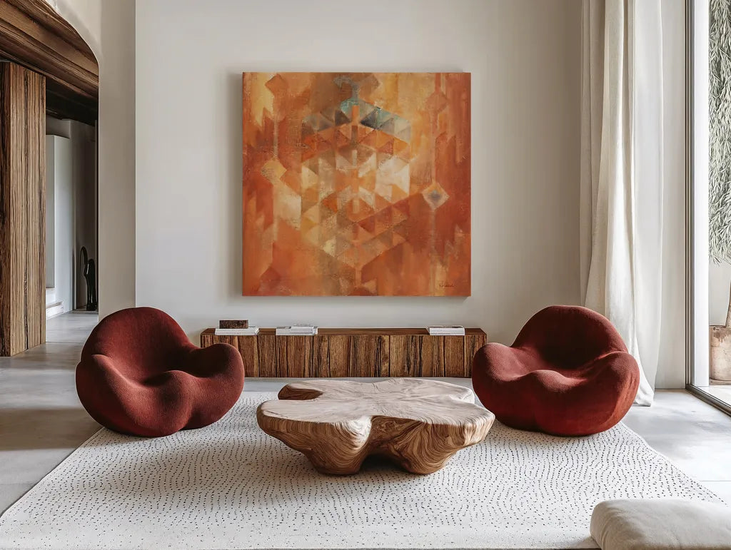 Desert Sunset I by Albena Hristova. Shown as extra-large giant wall art in a modern living room. Available as an archival giclee rolled canvas, fine art paper, or poster print. SKU 12093a.