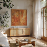 Desert Sunset II by Albena Hristova. Shown in a natural wood frame in a cozy modern living room. Available as an archival giclee rolled canvas, fine art paper, or poster print. SKU 12094a.