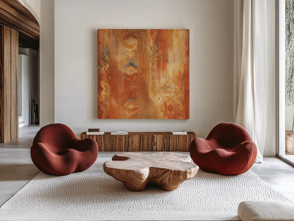 Desert Sunset II by Albena Hristova. Shown as extra-large giant wall art in a modern living room. Available as an archival giclee rolled canvas, fine art paper, or poster print. SKU 12094a.
