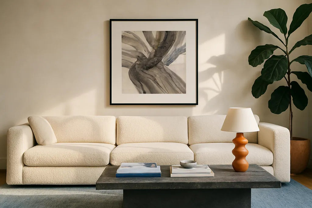 Driftwood II by Albena Hristova. Displayed in a glass frame with matte in a clean modern living room. Available as an archival giclee rolled canvas, fine art paper, or poster print. SKU 66032a.