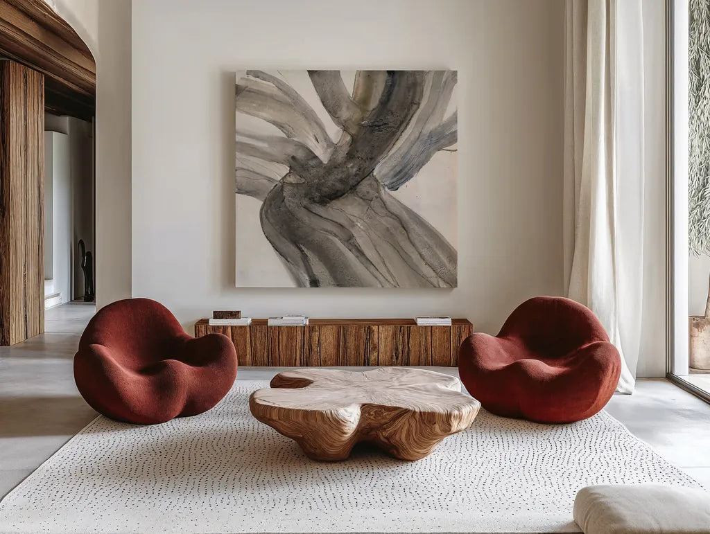 Driftwood II by Albena Hristova. Shown as extra-large giant wall art in a modern living room. Available as an archival giclee rolled canvas, fine art paper, or poster print. SKU 66032a.
