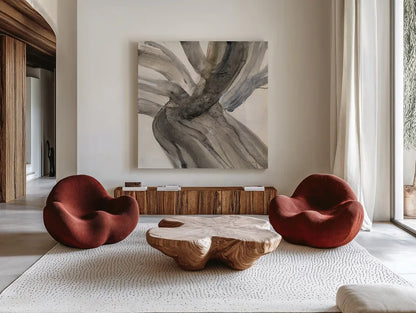 Driftwood II by Albena Hristova. Shown as extra-large giant wall art in a modern living room. Available as an archival giclee rolled canvas, fine art paper, or poster print. SKU 66032a.