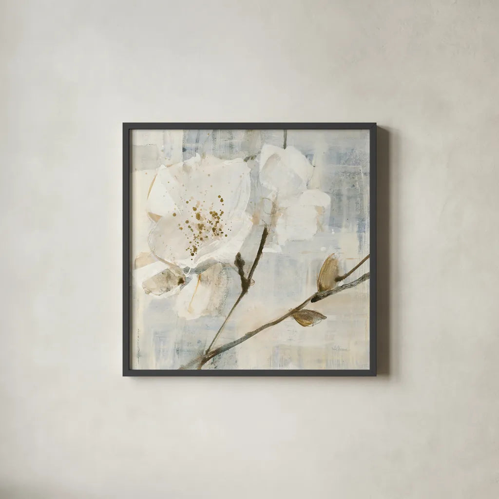 Elegance I Greige by Albena Hristova. Shown in a sleek black glass frame for a contemporary gallery look. Available as an archival giclee rolled canvas, fine art paper, or poster print. SKU 33653a.