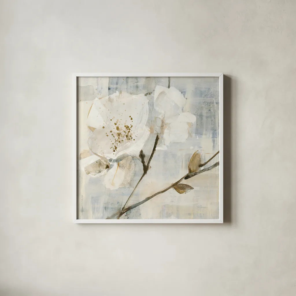 Elegance I Greige by Albena Hristova. Shown in a crisp white glass frame for a clean and minimalist style. Available as an archival giclee rolled canvas, fine art paper, or poster print. SKU 33653a.
