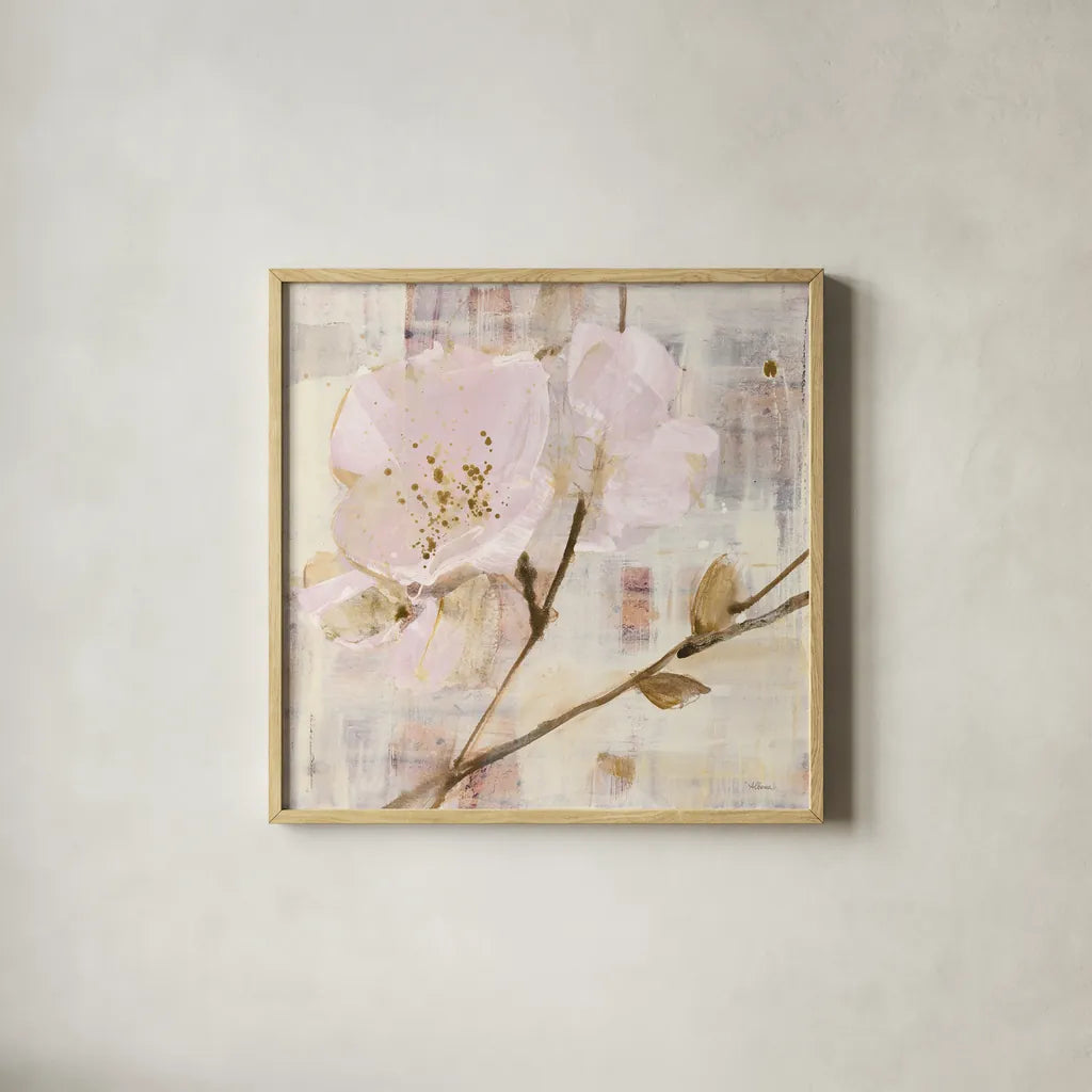 Elegance I Pink by Albena Hristova. Shown in a natural wood glass frame for a timeless modern aesthetic. Available as an archival giclee rolled canvas, fine art paper, or poster print. SKU 44878a.