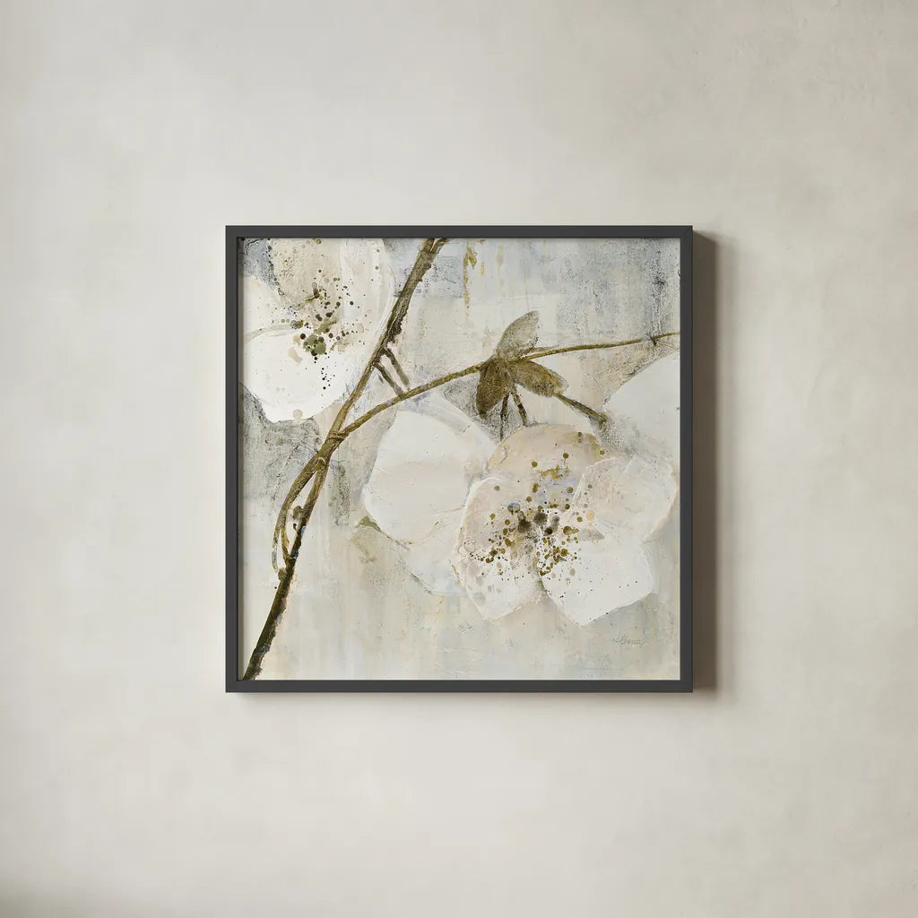 Elegance II Greige by Albena Hristova. Shown in a sleek black glass frame for a contemporary gallery look. Available as an archival giclee rolled canvas, fine art paper, or poster print. SKU 33654a.