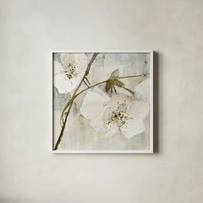 Elegance II Greige by Albena Hristova. Shown in a crisp white glass frame for a clean and minimalist style. Available as an archival giclee rolled canvas, fine art paper, or poster print. SKU 33654a.