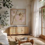 Elegance II Pink by Albena Hristova. Shown in a natural wood frame in a cozy modern living room. Available as an archival giclee rolled canvas, fine art paper, or poster print. SKU 44879a.