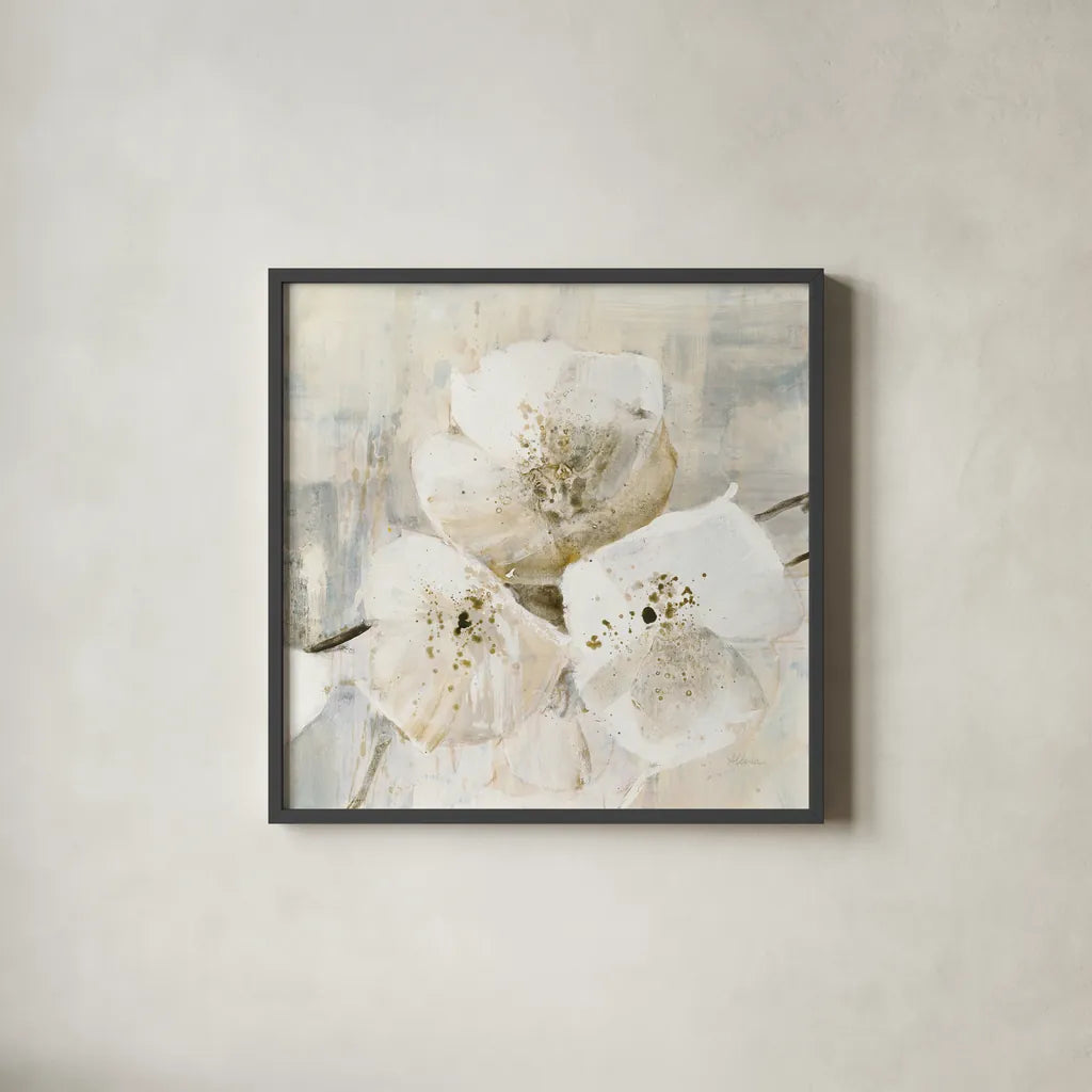 Elegance III Greige by Albena Hristova. Shown in a sleek black glass frame for a contemporary gallery look. Available as an archival giclee rolled canvas, fine art paper, or poster print. SKU 33655a.