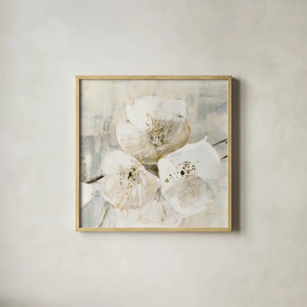 Elegance III Greige by Albena Hristova. Shown in a natural wood glass frame for a timeless modern aesthetic. Available as an archival giclee rolled canvas, fine art paper, or poster print. SKU 33655a.