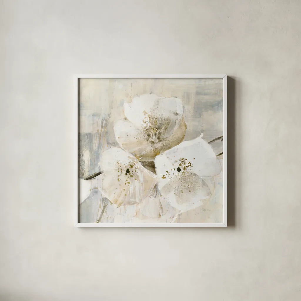 Elegance III Greige by Albena Hristova. Shown in a crisp white glass frame for a clean and minimalist style. Available as an archival giclee rolled canvas, fine art paper, or poster print. SKU 33655a.
