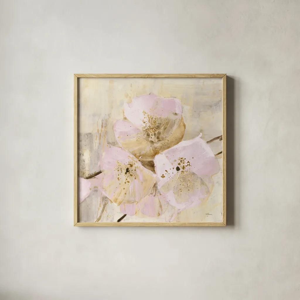 Elegance III Pink by Albena Hristova. Shown in a natural wood glass frame for a timeless modern aesthetic. Available as an archival giclee rolled canvas, fine art paper, or poster print. SKU 44880a.
