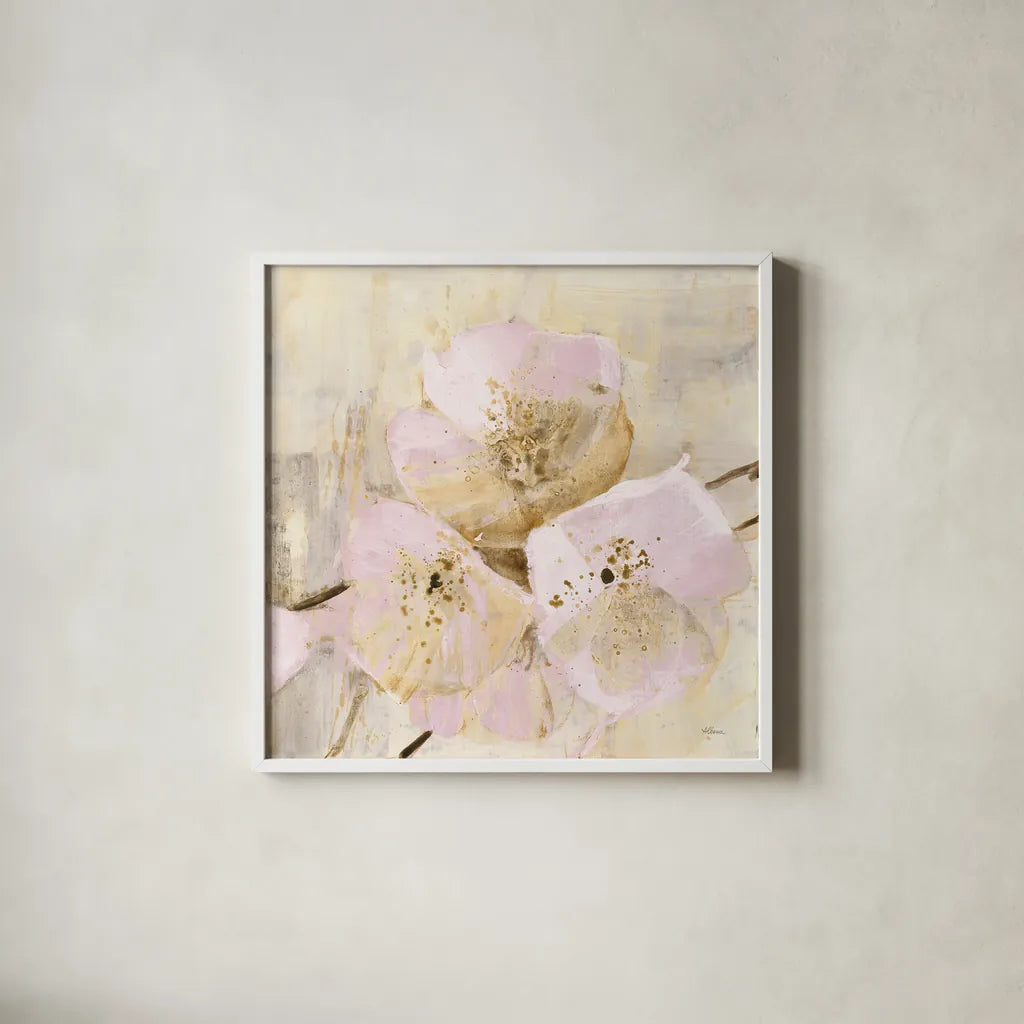 Elegance III Pink by Albena Hristova. Shown in a crisp white glass frame for a clean and minimalist style. Available as an archival giclee rolled canvas, fine art paper, or poster print. SKU 44880a.