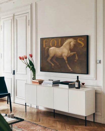 Equus by Albena Hristova. shown as a framed stretched canvas in a living room above a console. Available as a archival giclee rolled canvas, fine art paper, or poster print. SKU 10346i.