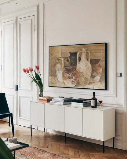 Etruscan Jugs by Albena Hristova. shown as a framed stretched canvas in a living room above a console. Available as a archival giclee rolled canvas, fine art paper, or poster print. SKU 23887i.