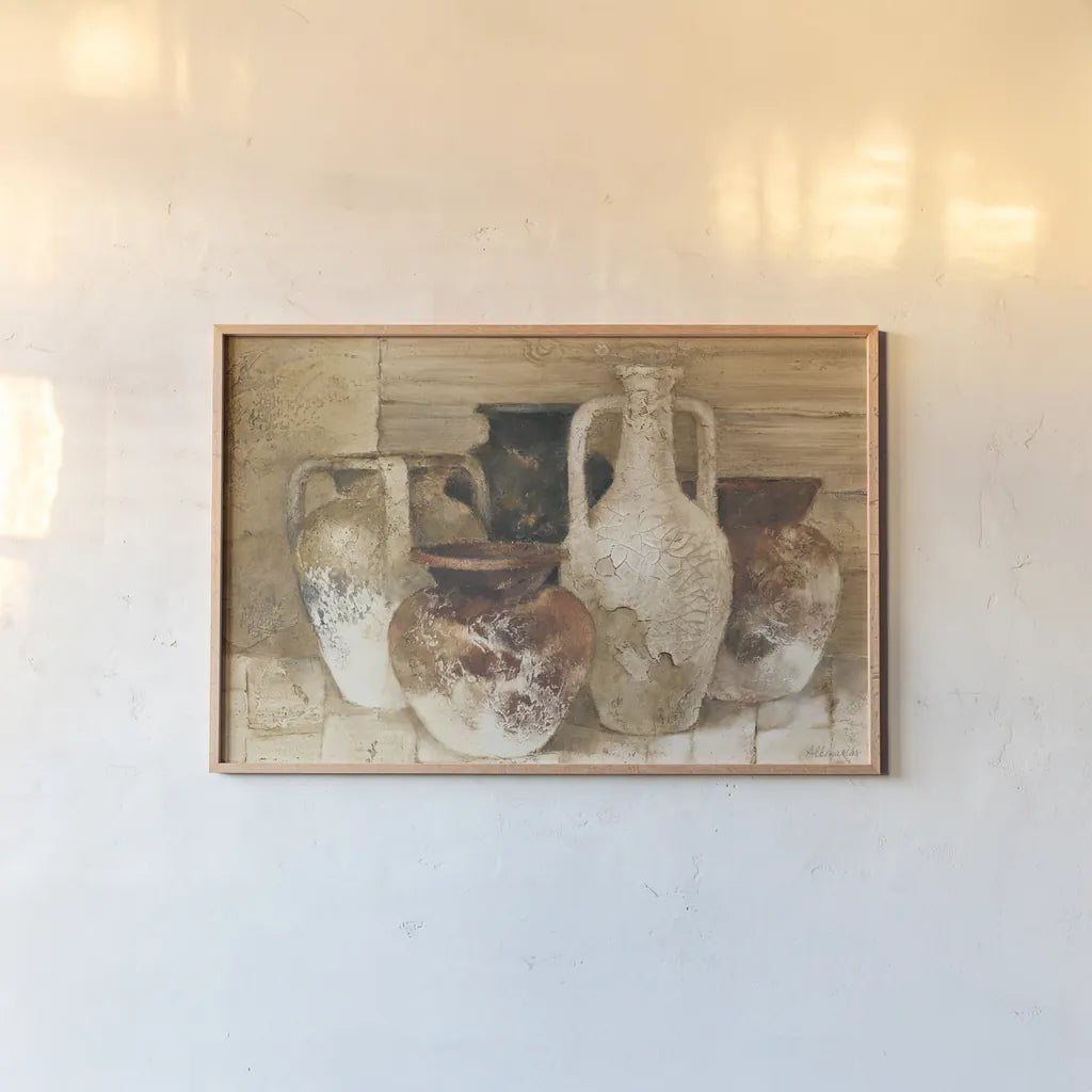 Etruscan Jugs by Albena Hristova. shown as a paper print in a natural frame. Available as a archival giclee rolled canvas, fine art paper, or poster print. SKU 23887i.