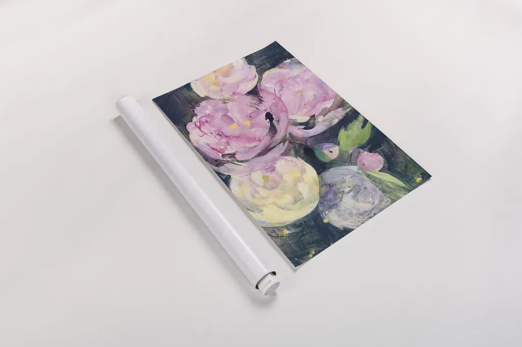 Evening Peonies I by Albena Hristova. shown as a rolled paper print. Available as archival giclee rolled canvas, fine art paper, or poster print. SKU 62485i.