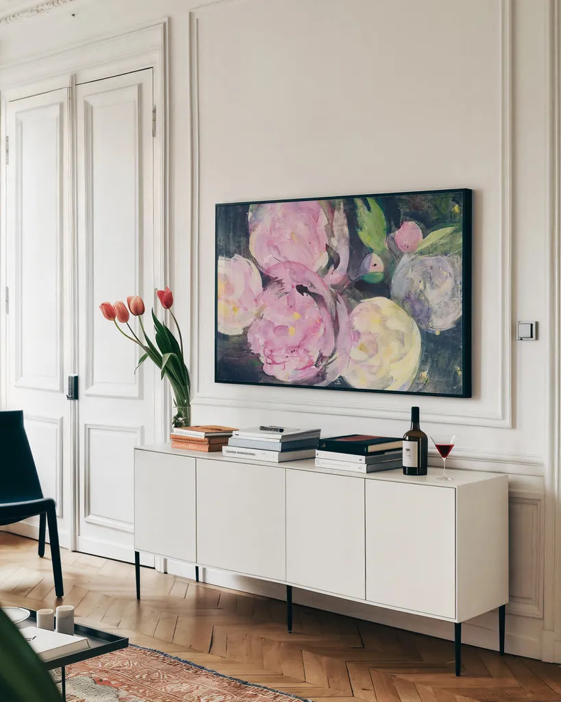 Evening Peonies I by Albena Hristova. shown as a framed stretched canvas in a living room above a console. Available as a archival giclee rolled canvas, fine art paper, or poster print. SKU 62485i.