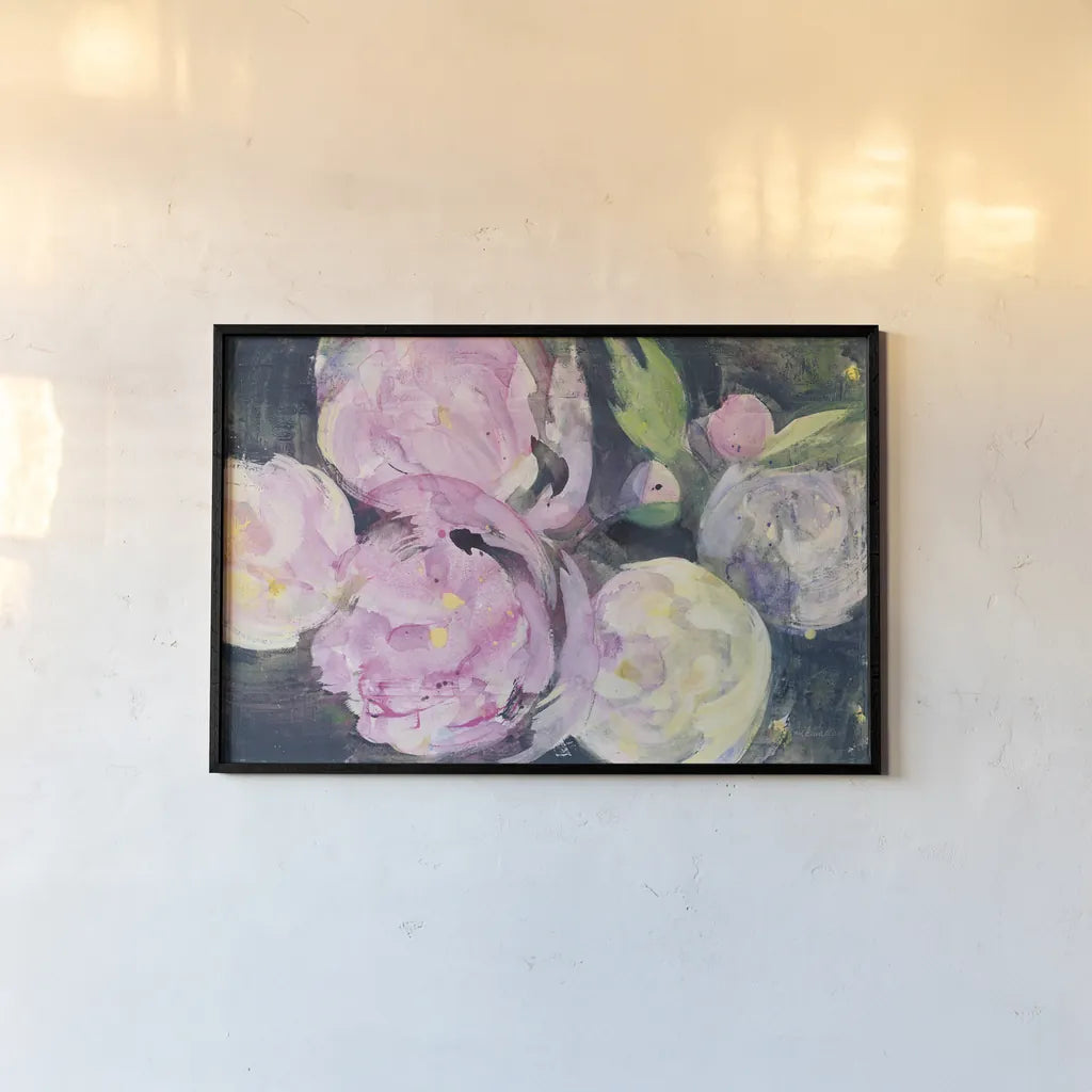 Evening Peonies I by Albena Hristova. shown as a paper print in a black flame. Available as a archival giclee rolled canvas, fine art paper, or poster print. SKU 62485i.