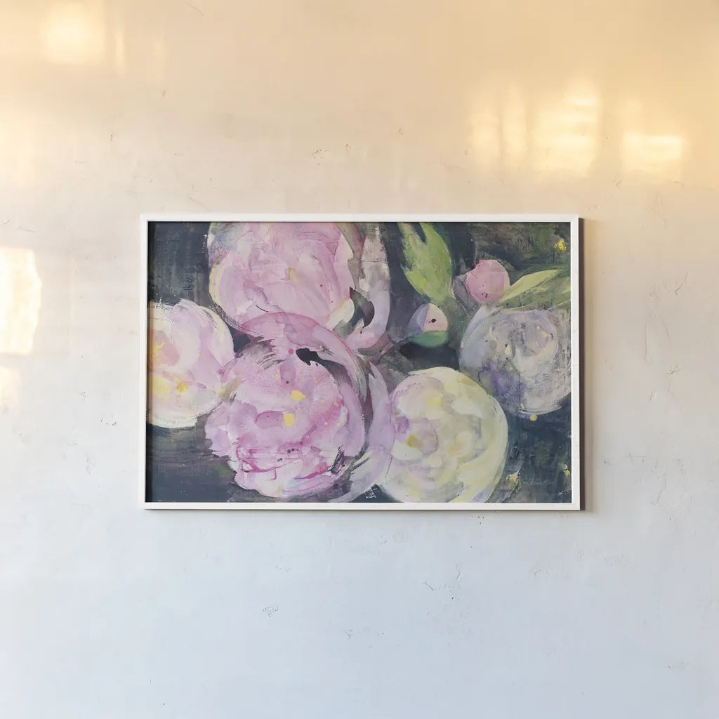 Evening Peonies I by Albena Hristova. shown as a paper print in a white frame. Available as a archival giclee rolled canvas, fine art paper, or poster print. SKU 62485i.