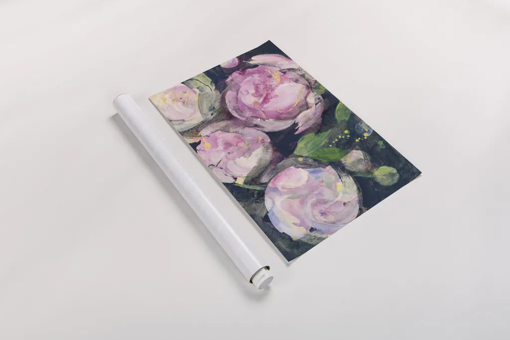 Evening Peonies II by Albena Hristova. shown as a rolled paper print. Available as archival giclee rolled canvas, fine art paper, or poster print. SKU 62486i.