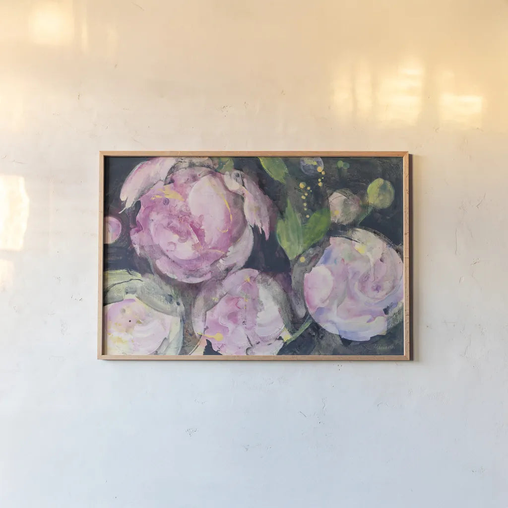 Evening Peonies II by Albena Hristova. shown as a paper print in a natural frame. Available as a archival giclee rolled canvas, fine art paper, or poster print. SKU 62486i.