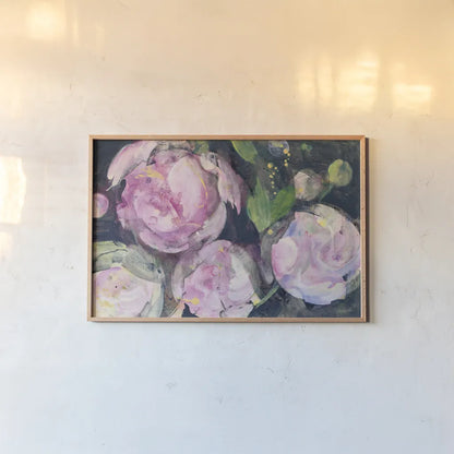 Evening Peonies II by Albena Hristova. shown as a paper print in a natural frame. Available as a archival giclee rolled canvas, fine art paper, or poster print. SKU 62486i.