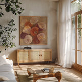 Eventide by Albena Hristova. Shown in a natural wood frame in a cozy modern living room. Available as an archival giclee rolled canvas, fine art paper, or poster print. SKU 11677a.