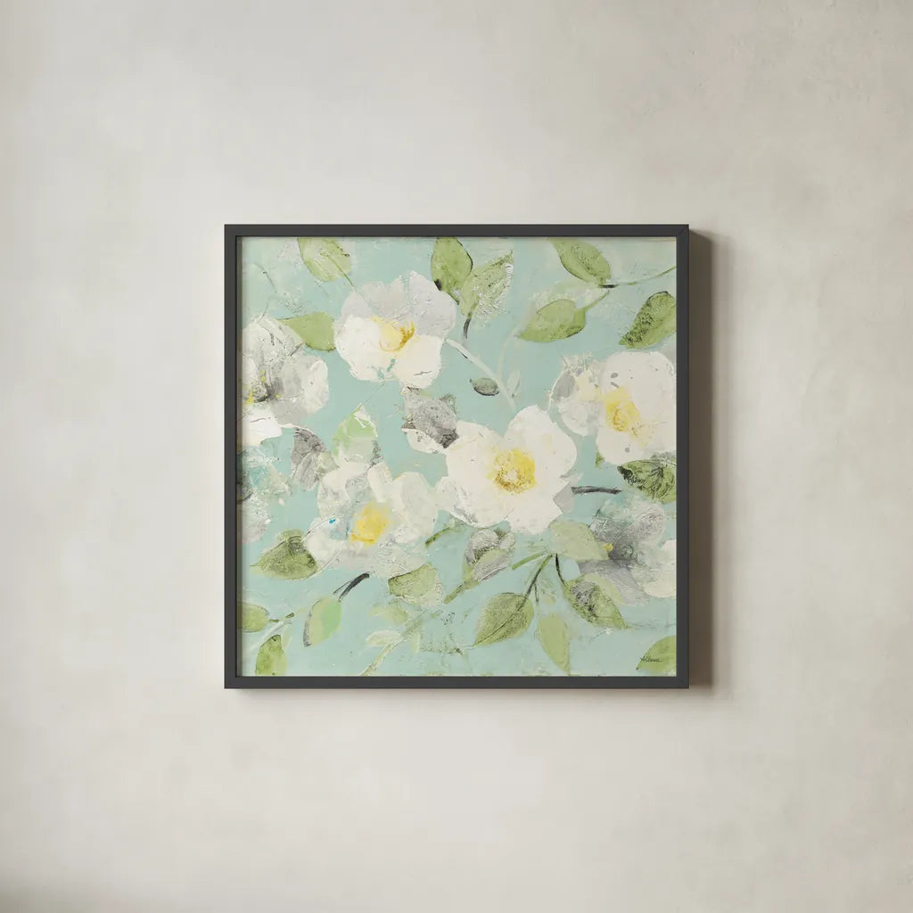 Fading Spring Blue - Bright White Crop by Albena Hristova. Shown in a sleek black glass frame for a contemporary gallery look. Available as an archival giclee rolled canvas, fine art paper, or poster print. SKU 46981a.
