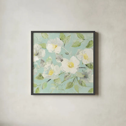 Fading Spring Blue - Bright White Crop by Albena Hristova. Shown in a sleek black glass frame for a contemporary gallery look. Available as an archival giclee rolled canvas, fine art paper, or poster print. SKU 46981a.