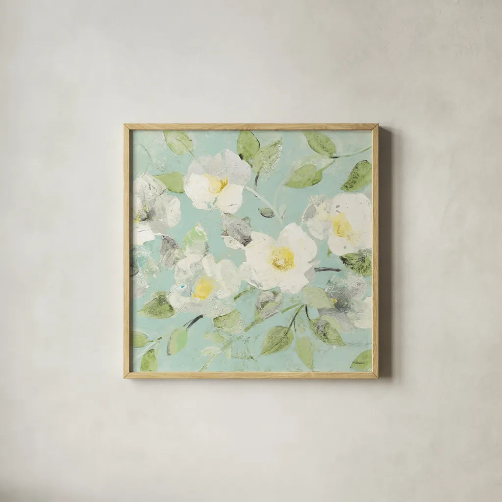 Fading Spring Blue - Bright White Crop by Albena Hristova. Shown in a natural wood glass frame for a timeless modern aesthetic. Available as an archival giclee rolled canvas, fine art paper, or poster print. SKU 46981a.