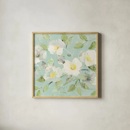 Fading Spring Blue - Bright White Crop by Albena Hristova. Shown in a natural wood glass frame for a timeless modern aesthetic. Available as an archival giclee rolled canvas, fine art paper, or poster print. SKU 46981a.