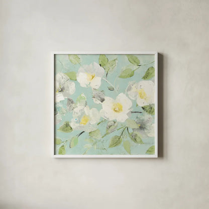 Fading Spring Blue - Bright White Crop by Albena Hristova. Shown in a crisp white glass frame for a clean and minimalist style. Available as an archival giclee rolled canvas, fine art paper, or poster print. SKU 46981a.