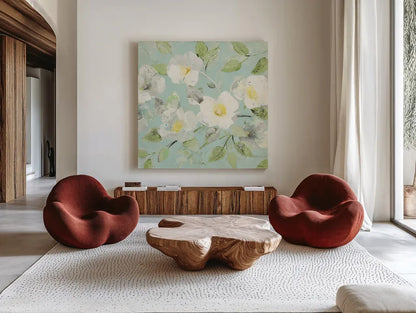 Fading Spring Blue - Bright White Crop by Albena Hristova. Shown as extra-large giant wall art in a modern living room. Available as an archival giclee rolled canvas, fine art paper, or poster print. SKU 46981a.