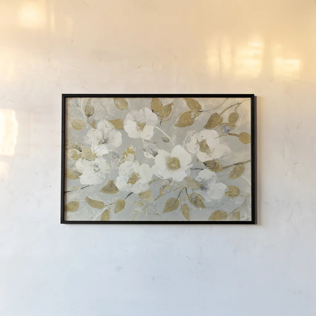 Fading Spring Gray and Gold by Albena Hristova. shown as a paper print in a black flame. Available as a archival giclee rolled canvas, fine art paper, or poster print. SKU 23666i.