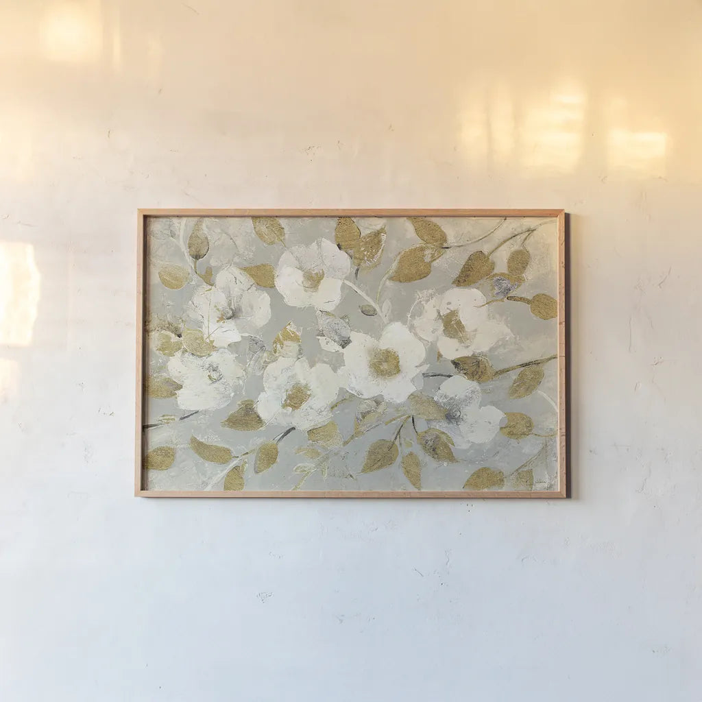 Fading Spring Gray and Gold by Albena Hristova. shown as a paper print in a natural frame. Available as a archival giclee rolled canvas, fine art paper, or poster print. SKU 23666i.