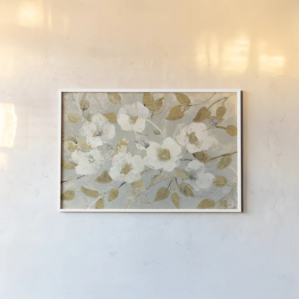 Fading Spring Gray and Gold by Albena Hristova. shown as a paper print in a white frame. Available as a archival giclee rolled canvas, fine art paper, or poster print. SKU 23666i.