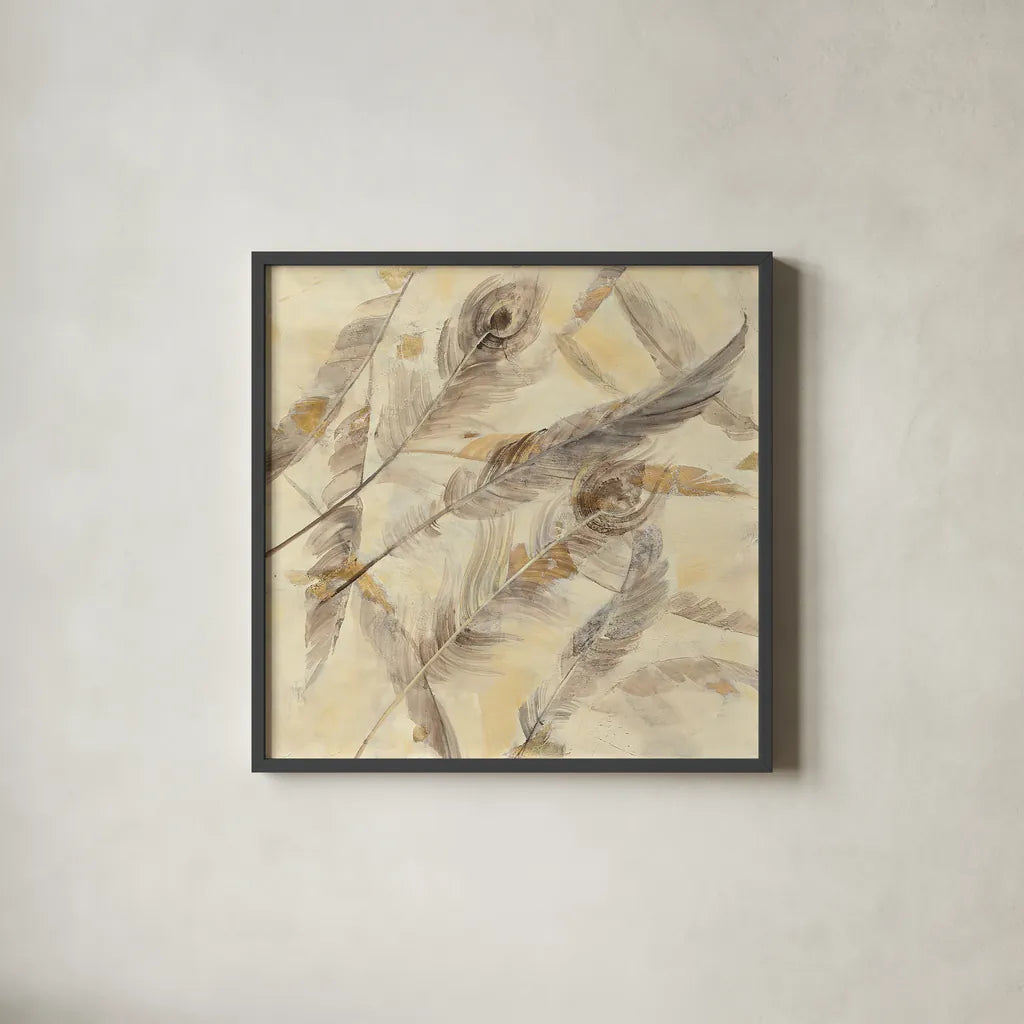 Falling Feathers by Albena Hristova. Shown in a sleek black glass frame for a contemporary gallery look. Available as an archival giclee rolled canvas, fine art paper, or poster print. SKU 28646a.